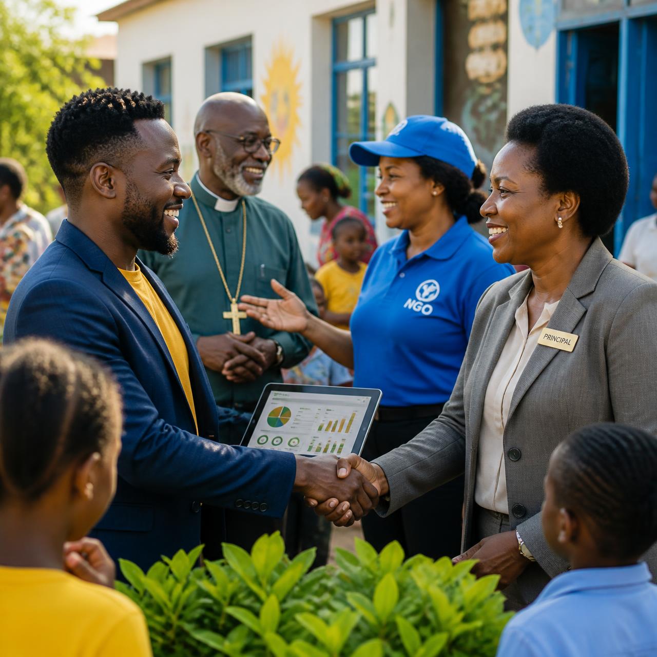 A diverse community: business owner, school principal, church leader and NGO worker connecting outside a school